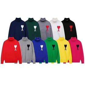 AMIPARIS Intarsia Knit High-Neck Pullover Solid Color Wool Sweater-5150  